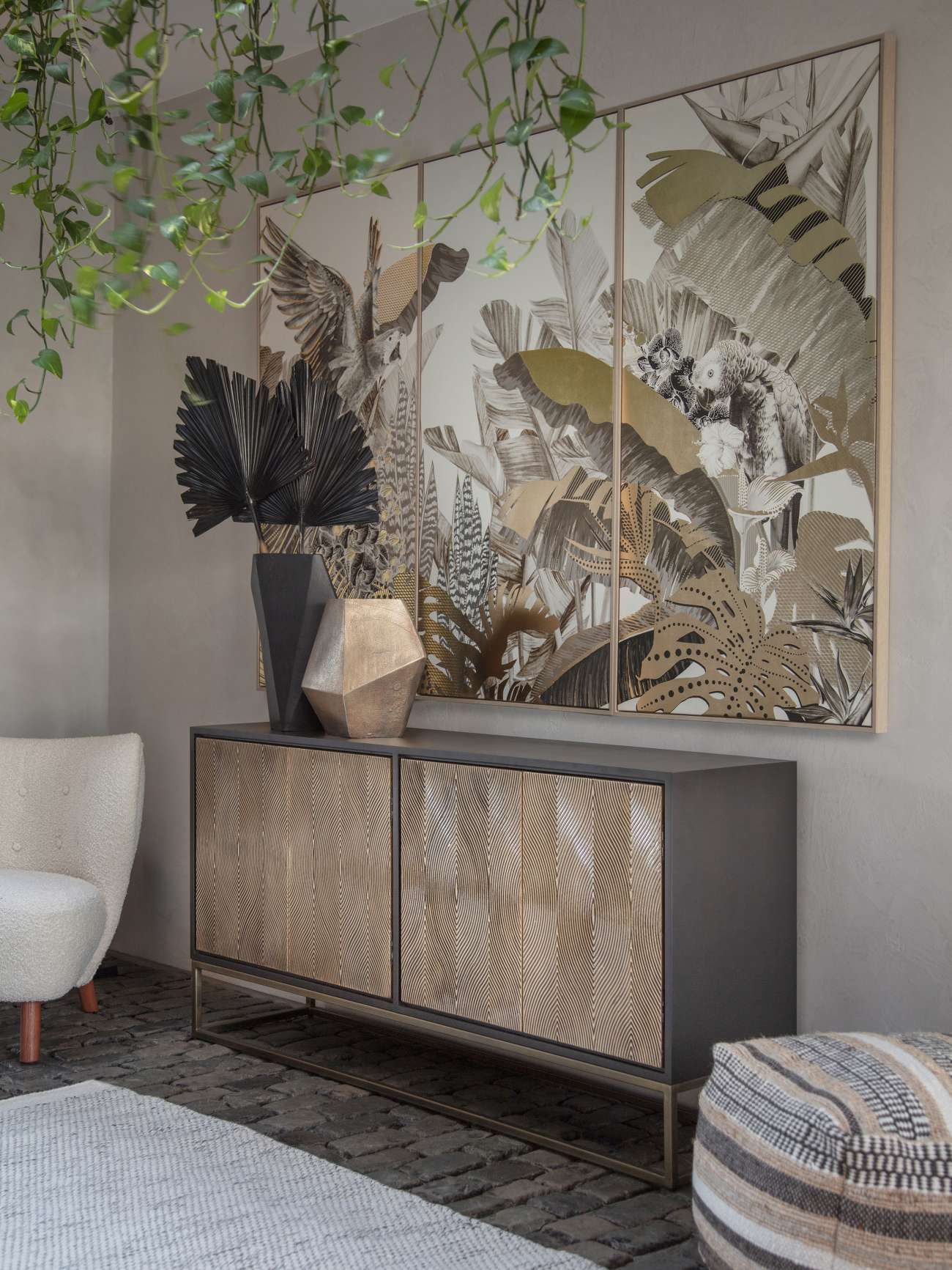 Framed Tropical Birds Taupe Gold 3 Piece Canvas Wall Art Large